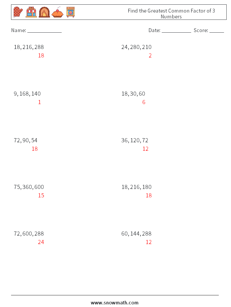 Find the Greatest Common Factor of 3 Numbers Math Worksheets 6 Question, Answer