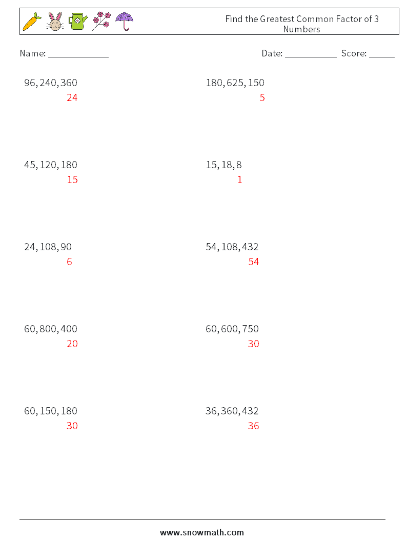 Find the Greatest Common Factor of 3 Numbers Math Worksheets 7 Question, Answer