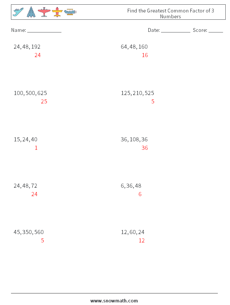 Find the Greatest Common Factor of 3 Numbers Math Worksheets 8 Question, Answer