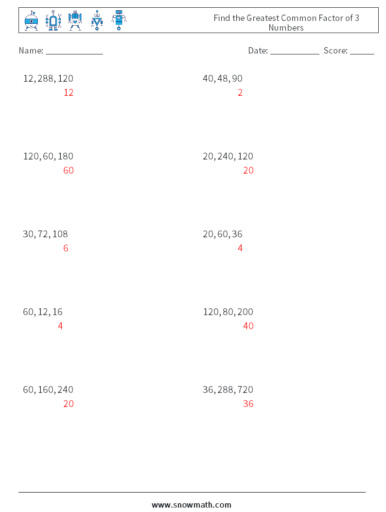 Find the Greatest Common Factor of 3 Numbers Math Worksheets 9 Question, Answer