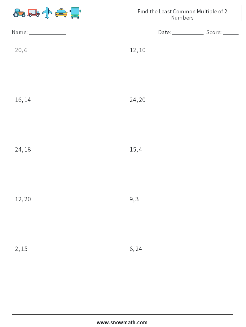 Find the Least Common Multiple of 2 Numbers Math Worksheets 2