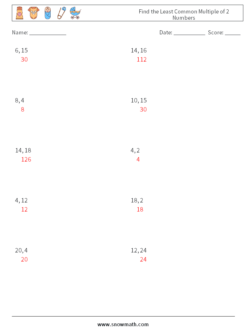 Find the Least Common Multiple of 2 Numbers Math Worksheets 3 Question, Answer