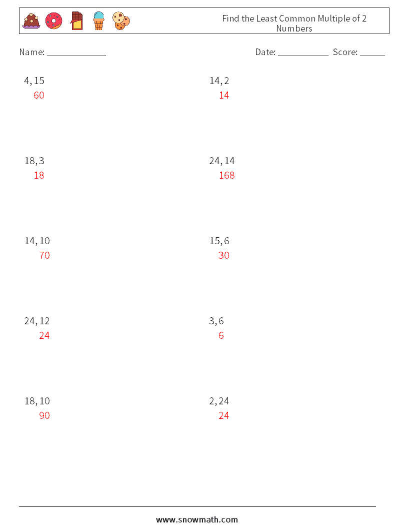 Find the Least Common Multiple of 2 Numbers Math Worksheets 5 Question, Answer