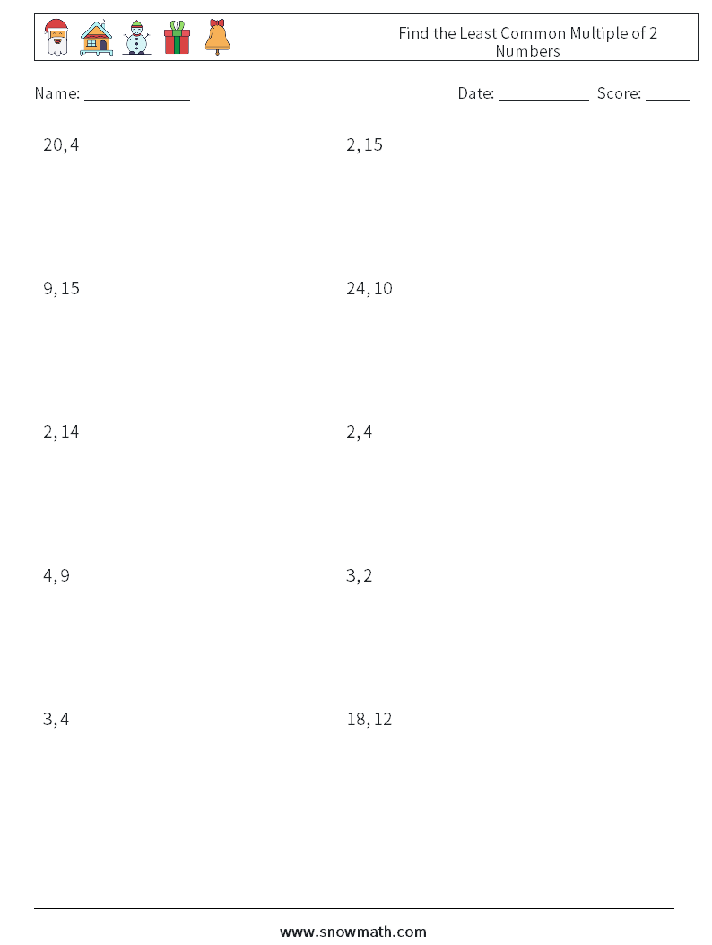 Find the Least Common Multiple of 2 Numbers Math Worksheets 6