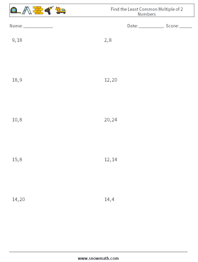 Find the Least Common Multiple of 2 Numbers Math Worksheets 7