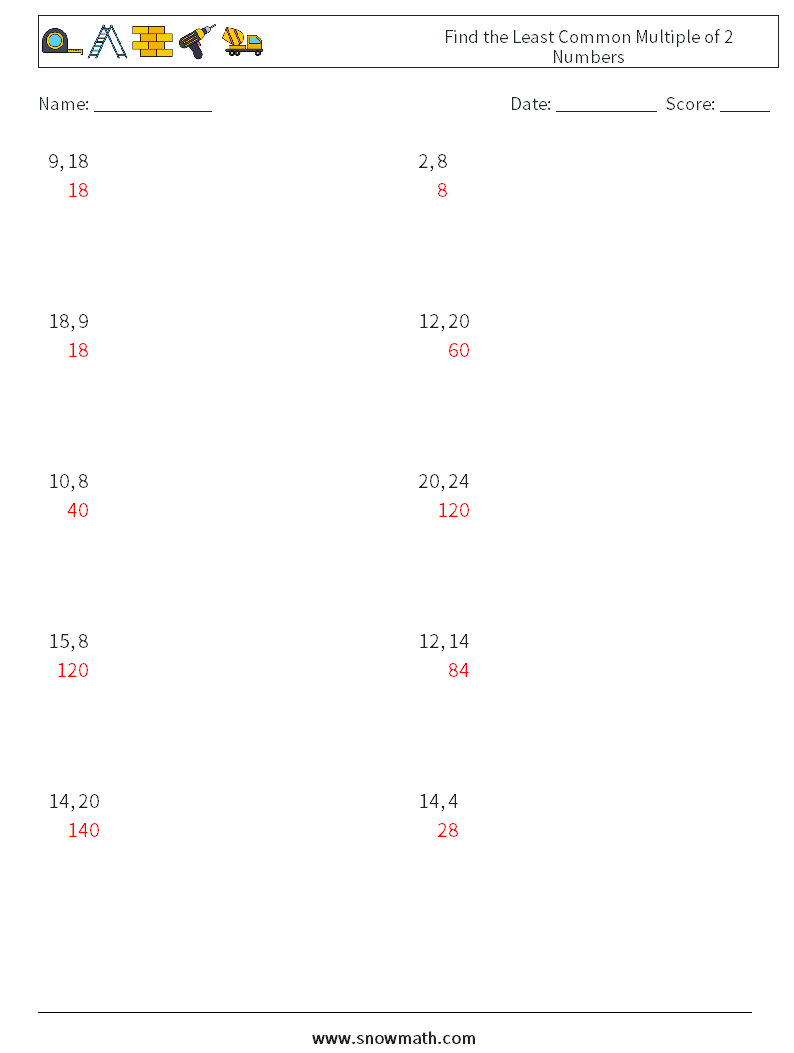 Find the Least Common Multiple of 2 Numbers Math Worksheets 7 Question, Answer