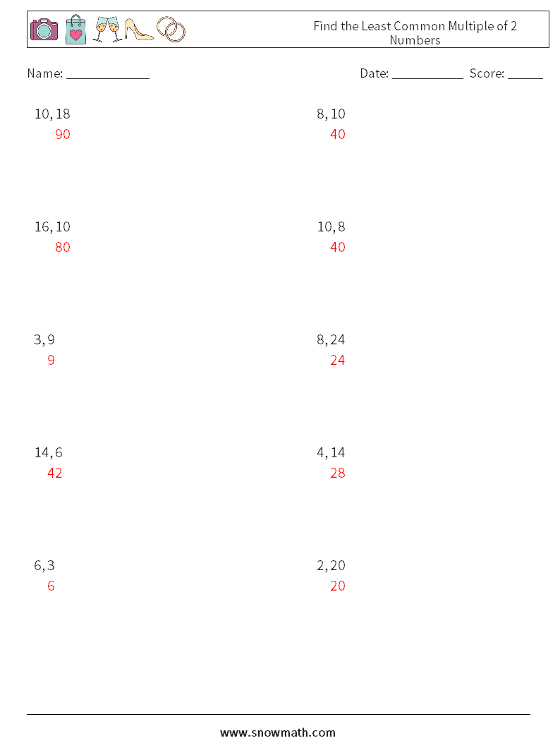 Find the Least Common Multiple of 2 Numbers Math Worksheets 8 Question, Answer