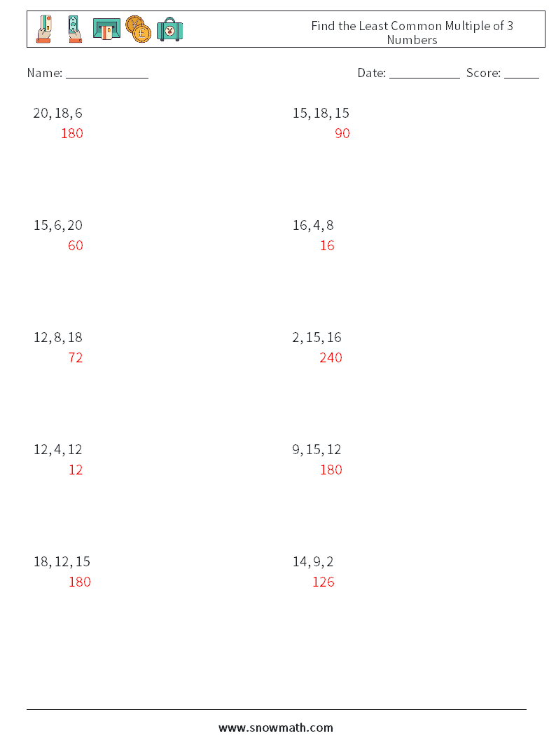 Find the Least Common Multiple of 3 Numbers Math Worksheets 1 Question, Answer