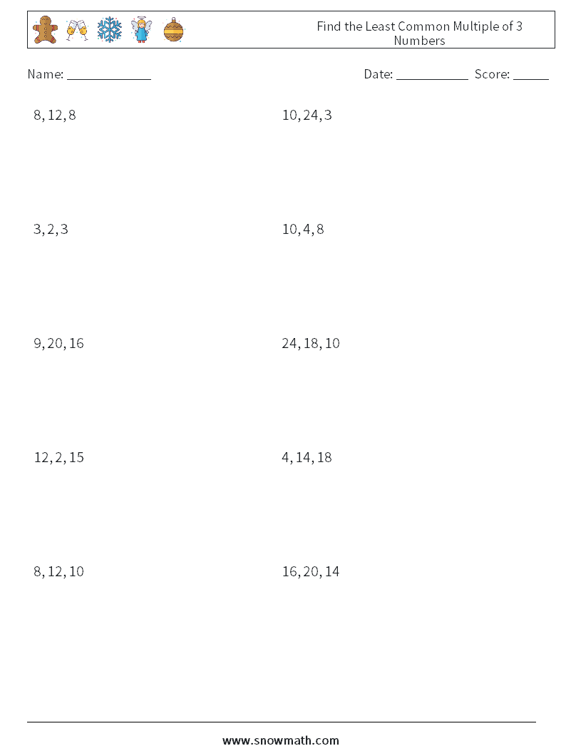 Find the Least Common Multiple of 3 Numbers Math Worksheets 3