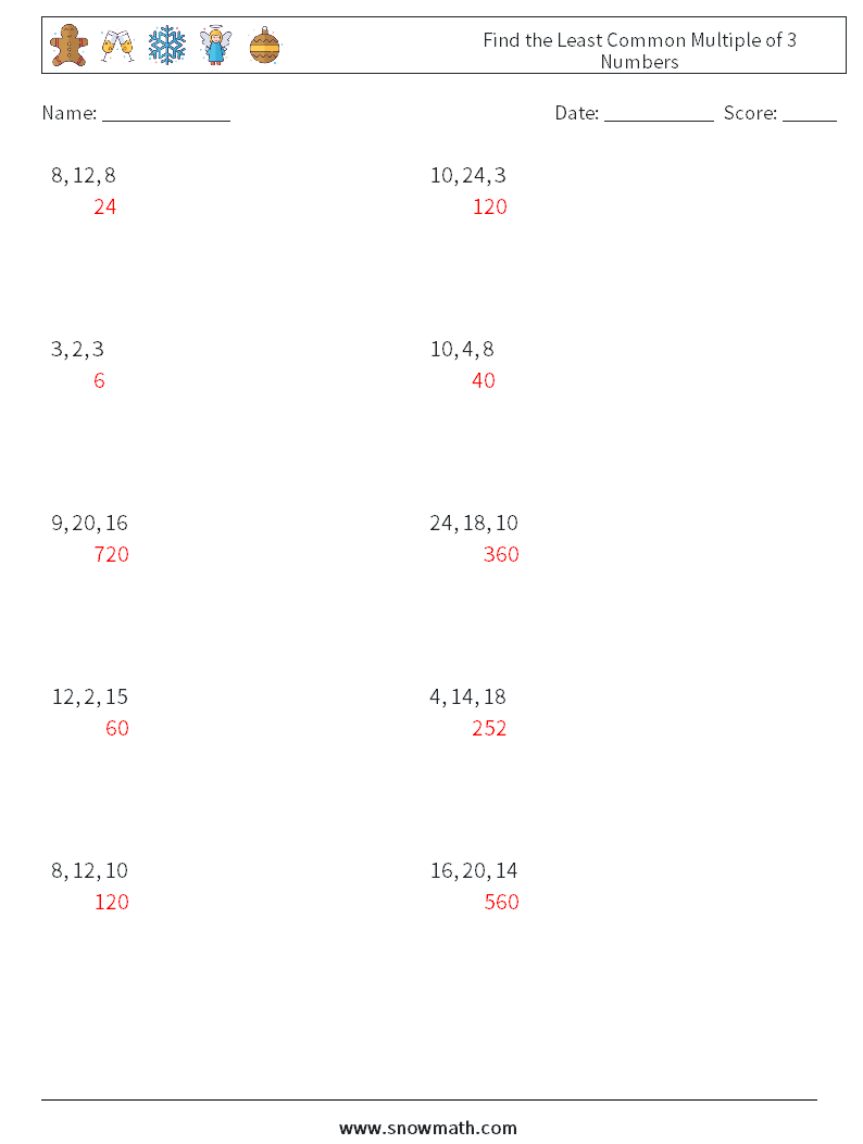 Find the Least Common Multiple of 3 Numbers Math Worksheets 3 Question, Answer