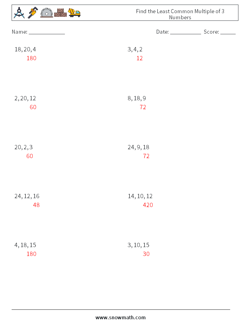 Find the Least Common Multiple of 3 Numbers Math Worksheets 6 Question, Answer