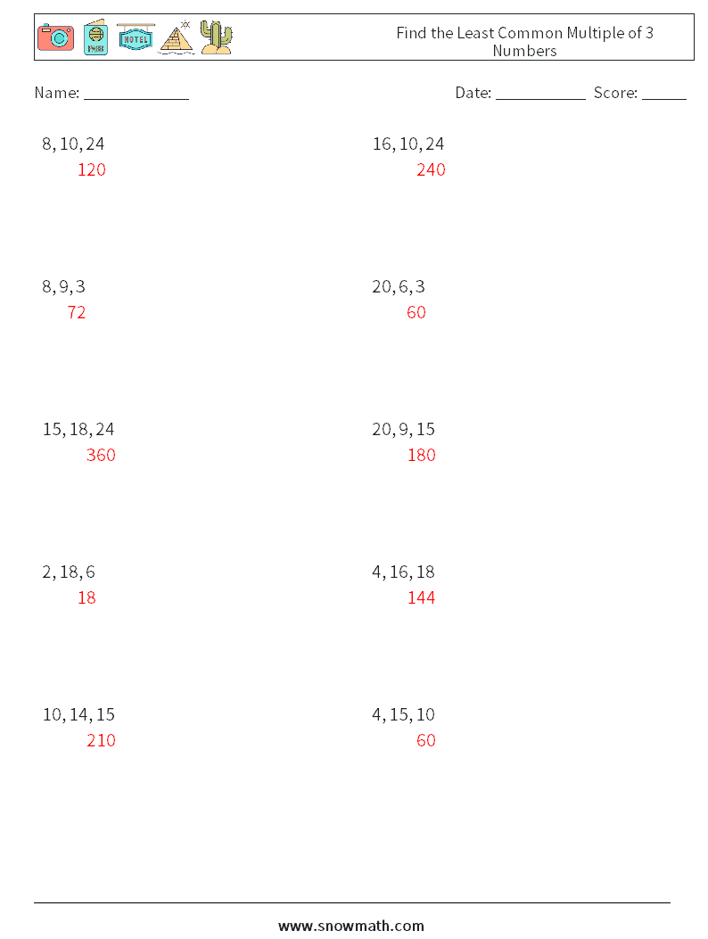 Find the Least Common Multiple of 3 Numbers Math Worksheets 7 Question, Answer