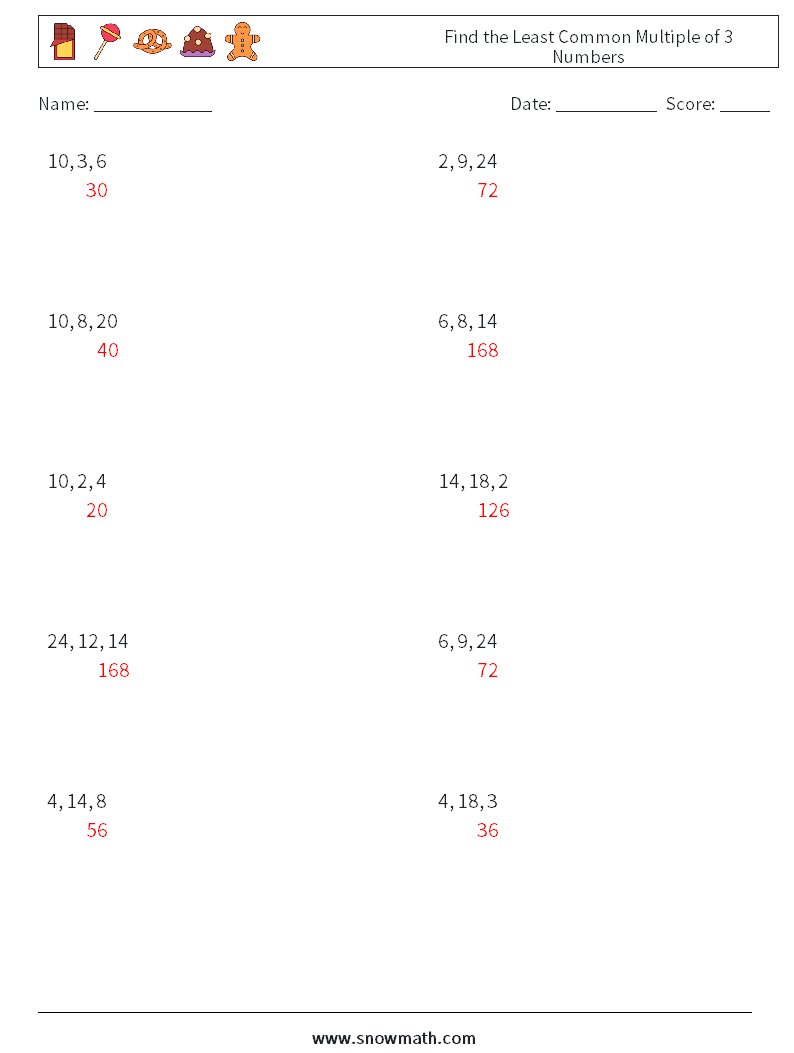 Find the Least Common Multiple of 3 Numbers Math Worksheets 8 Question, Answer