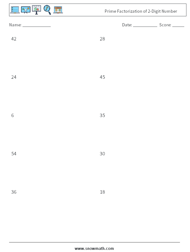 Prime Factorization of 2-Digit Number Math Worksheets 1