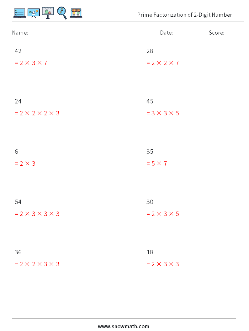 Prime Factorization of 2-Digit Number Math Worksheets 1 Question, Answer