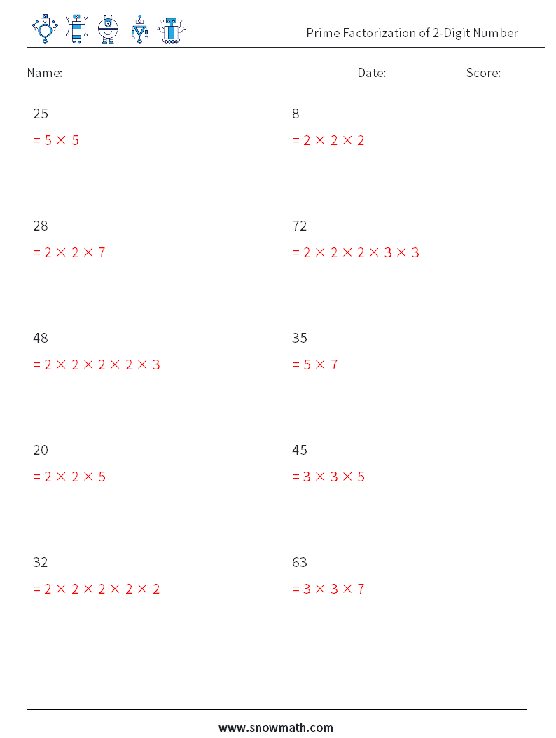 Prime Factorization of 2-Digit Number Math Worksheets 2 Question, Answer