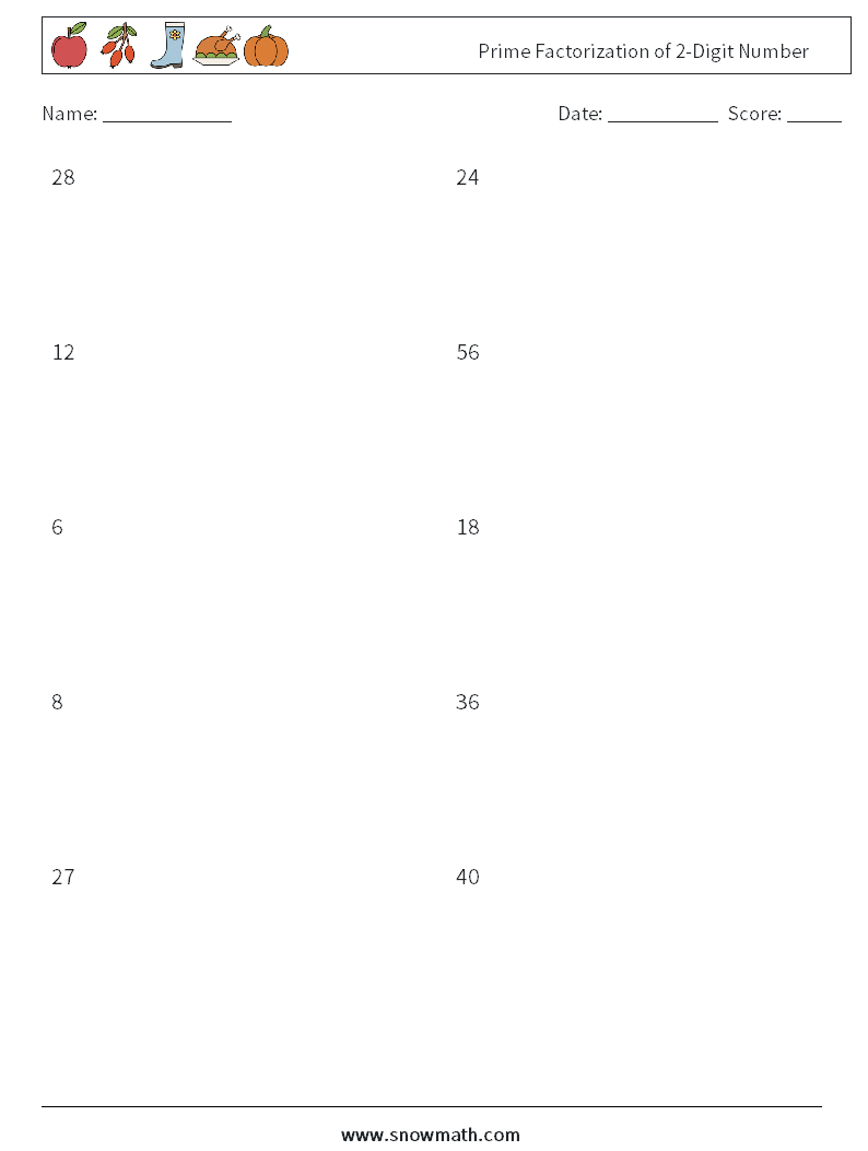 Prime Factorization of 2-Digit Number Math Worksheets 3