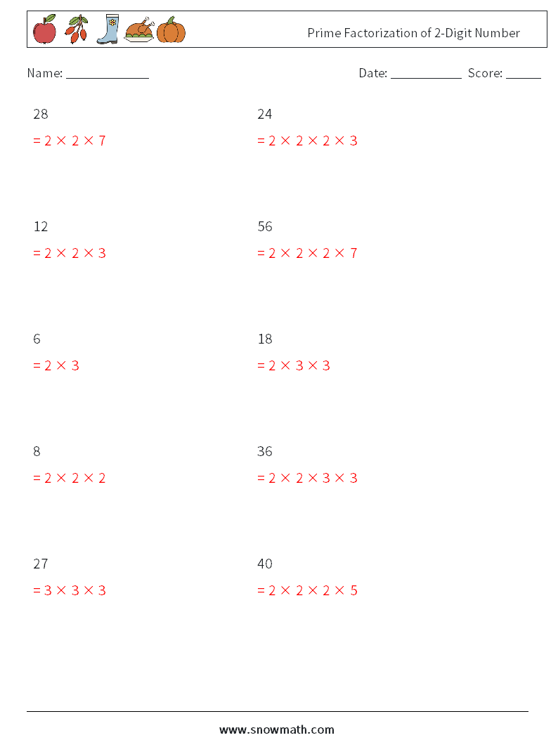 Prime Factorization of 2-Digit Number Math Worksheets 3 Question, Answer