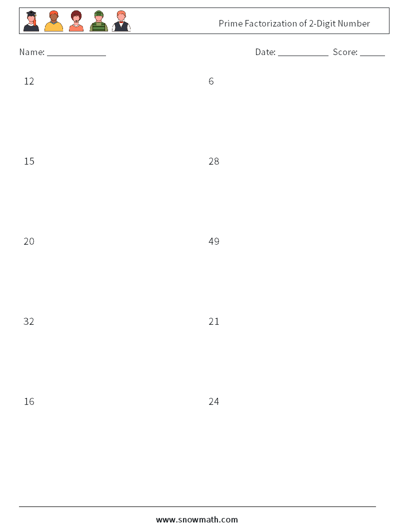 Prime Factorization of 2-Digit Number Math Worksheets 4