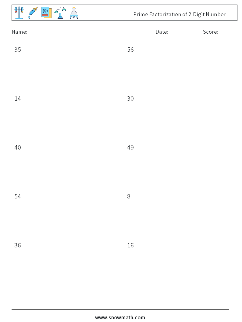 Prime Factorization of 2-Digit Number Math Worksheets 6