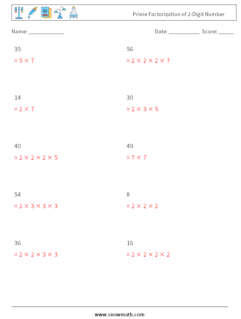 Prime Factorization of 2-Digit Number Math Worksheets 6 Question, Answer