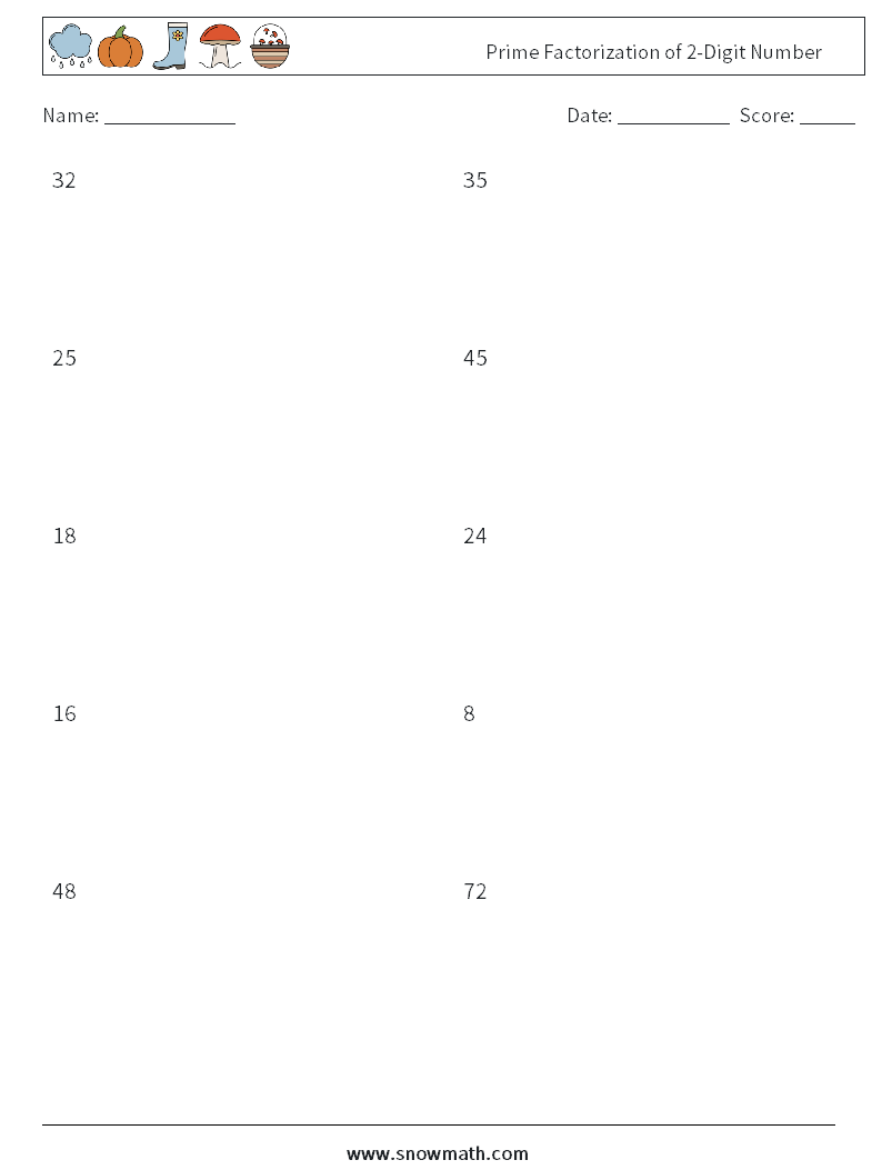 Prime Factorization of 2-Digit Number Math Worksheets 7