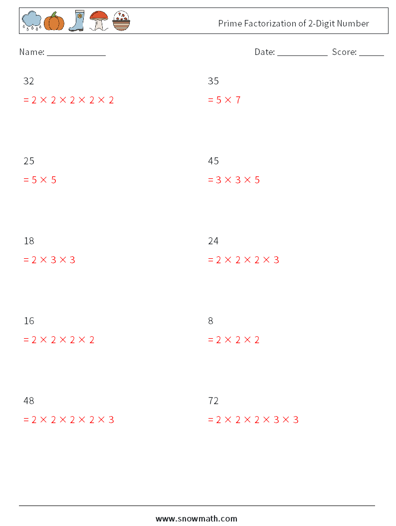 Prime Factorization of 2-Digit Number Math Worksheets 7 Question, Answer
