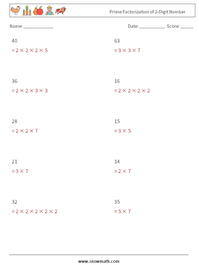 Prime Factorization of 2-Digit Number Math Worksheets 8 Question, Answer