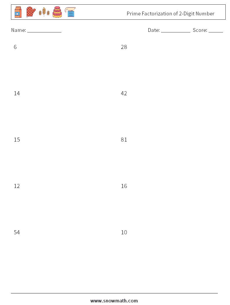 Prime Factorization of 2-Digit Number Math Worksheets 9