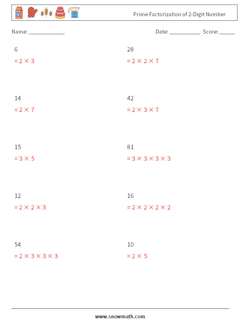 Prime Factorization of 2-Digit Number Math Worksheets 9 Question, Answer