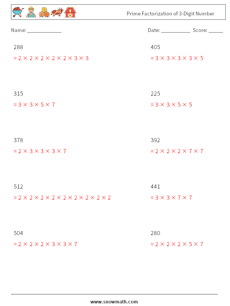 Prime Factorization of 3-Digit Number Math Worksheets 1 Question, Answer