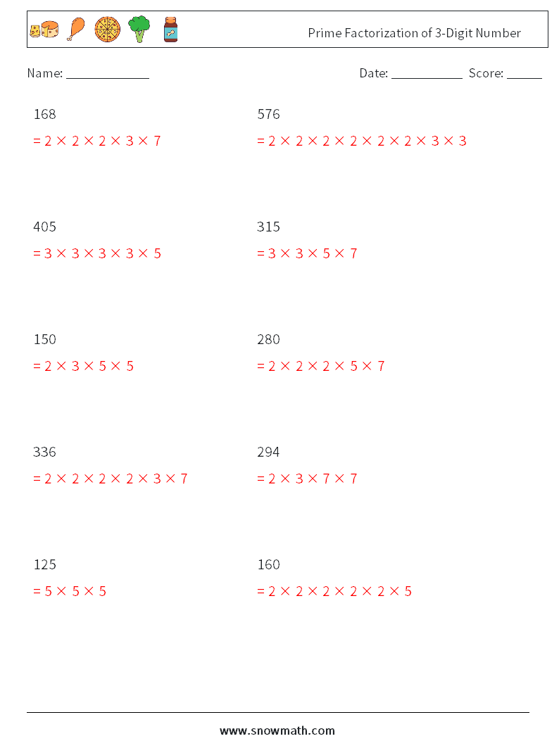 Prime Factorization of 3-Digit Number Math Worksheets 2 Question, Answer
