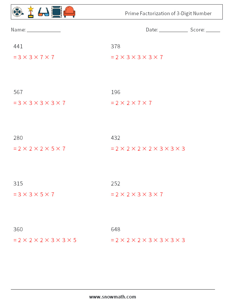 Prime Factorization of 3-Digit Number Math Worksheets 3 Question, Answer