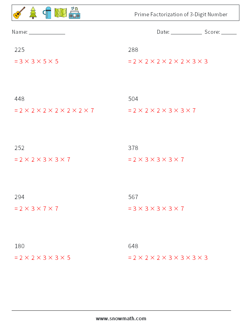 Prime Factorization of 3-Digit Number Math Worksheets 4 Question, Answer