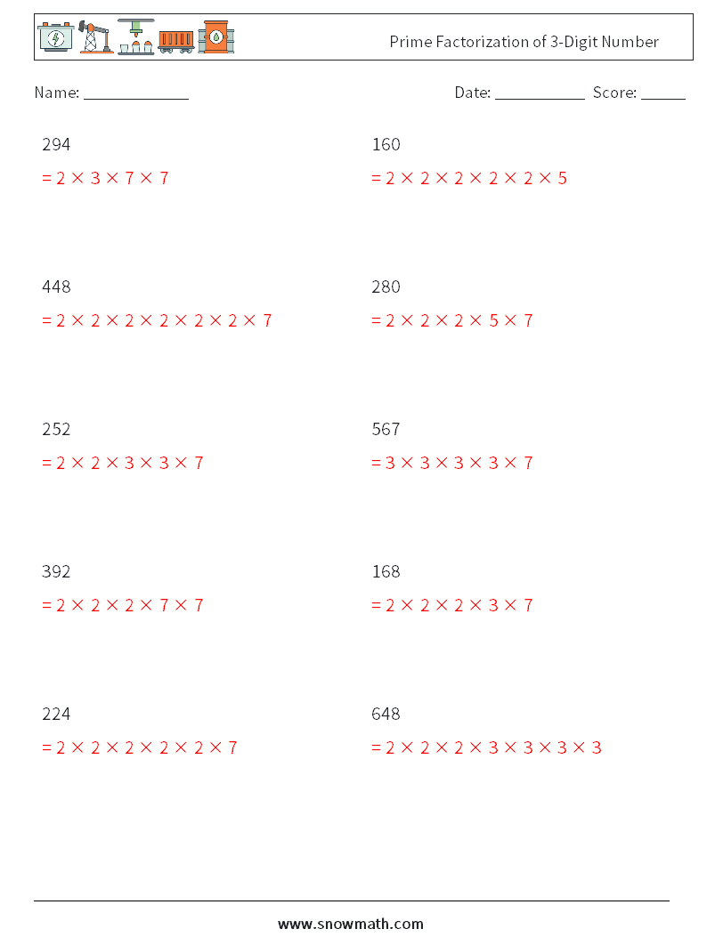 Prime Factorization of 3-Digit Number Math Worksheets 5 Question, Answer