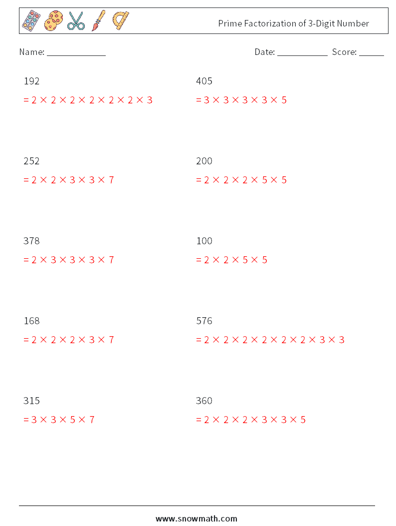 Prime Factorization of 3-Digit Number Math Worksheets 6 Question, Answer