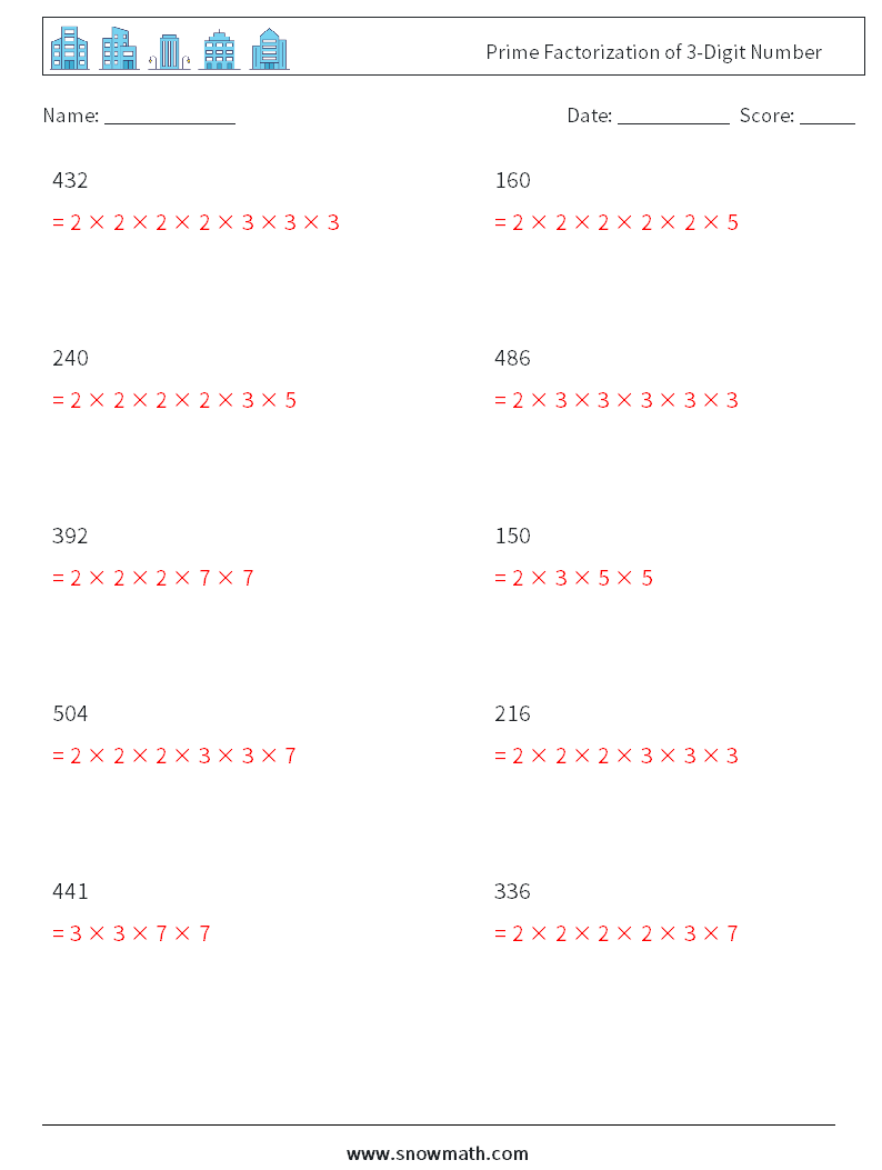 Prime Factorization of 3-Digit Number Math Worksheets 7 Question, Answer