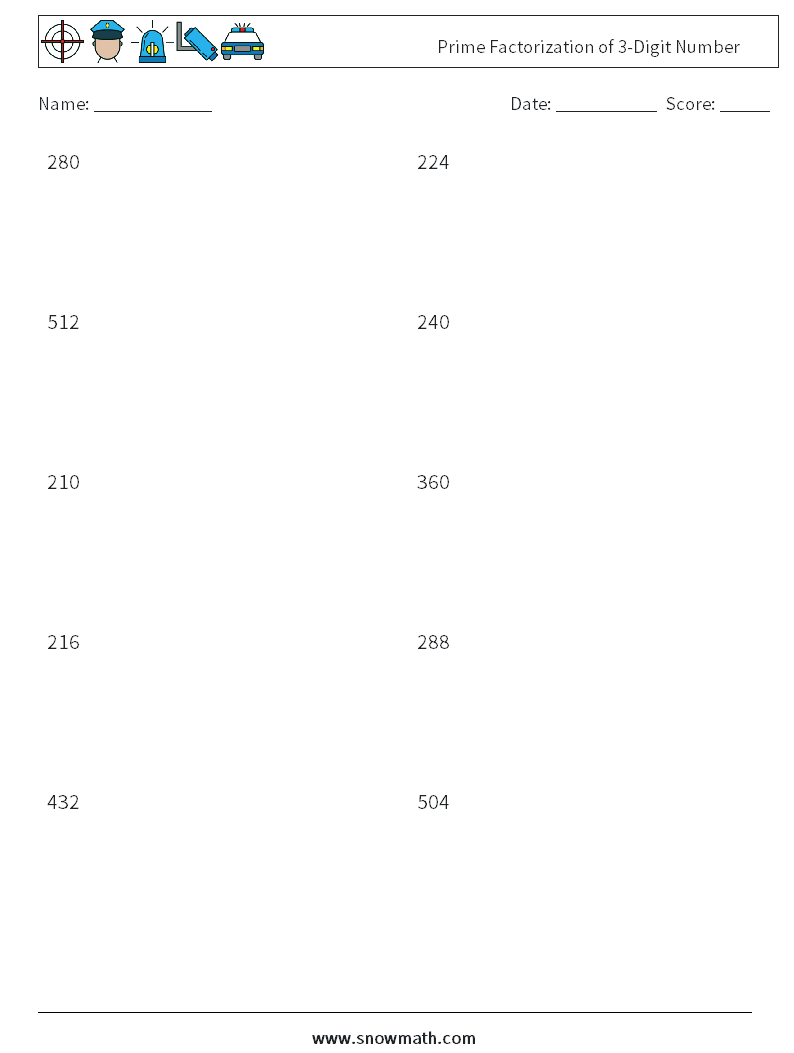 Prime Factorization of 3-Digit Number Math Worksheets 8