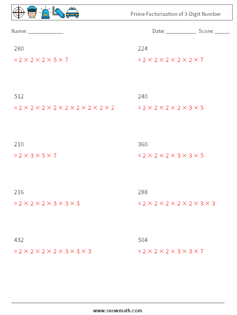 Prime Factorization of 3-Digit Number Math Worksheets 8 Question, Answer