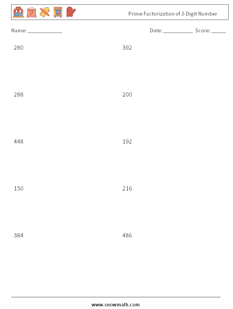 Prime Factorization of 3-Digit Number Math Worksheets 9