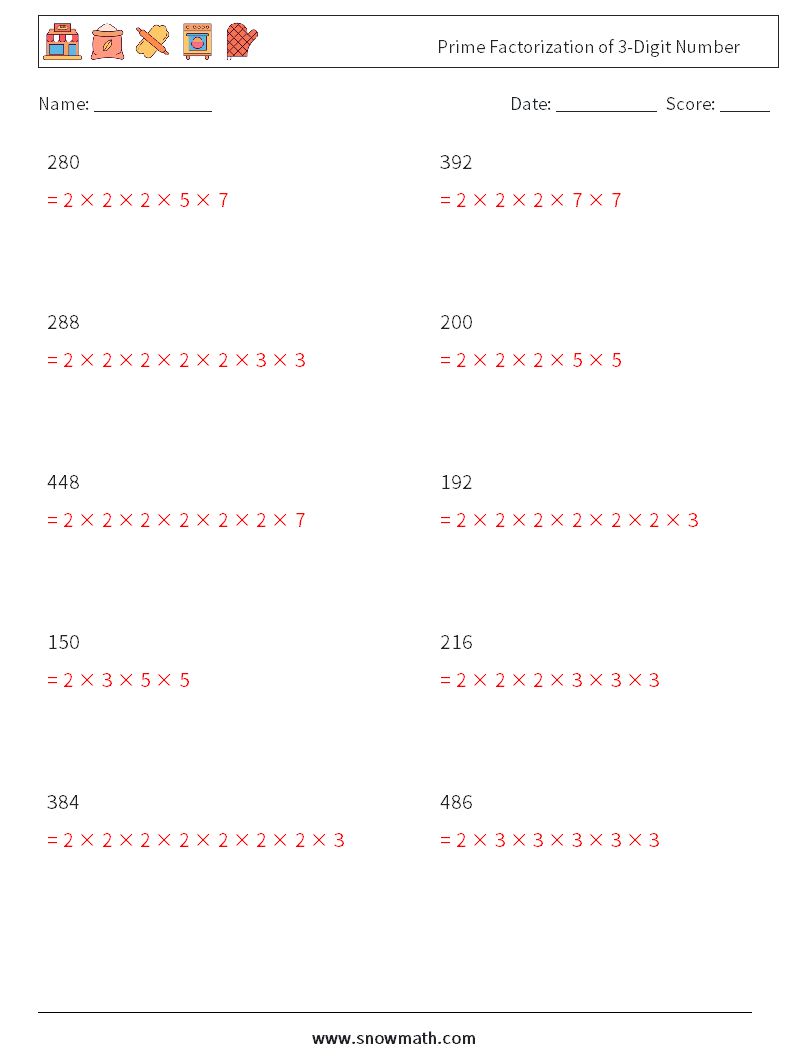 Prime Factorization of 3-Digit Number Math Worksheets 9 Question, Answer