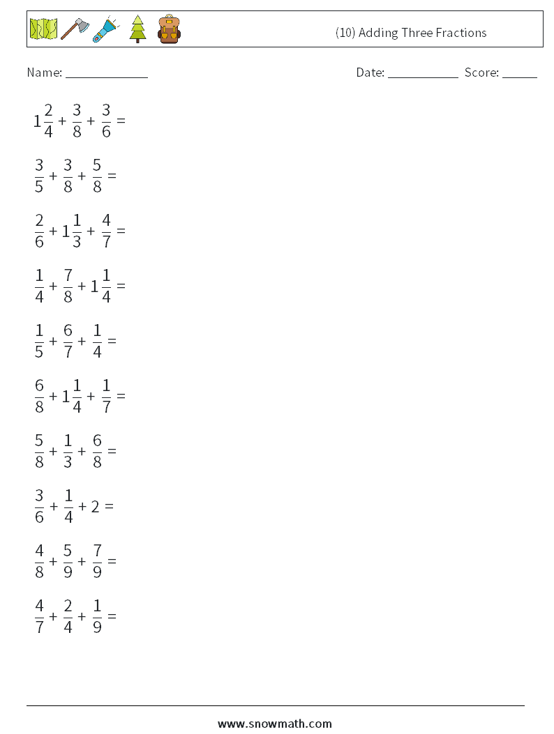 (10) Adding Three Fractions Math Worksheets 1
