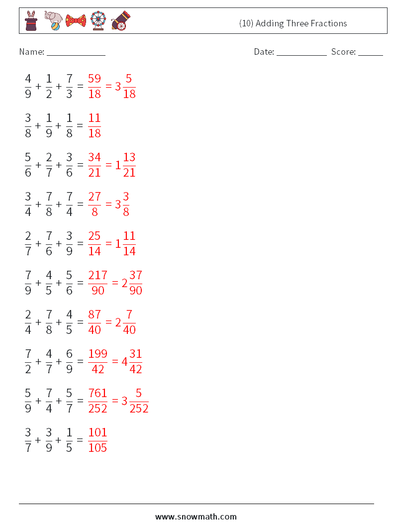(10) Adding Three Fractions Math Worksheets 10 Question, Answer