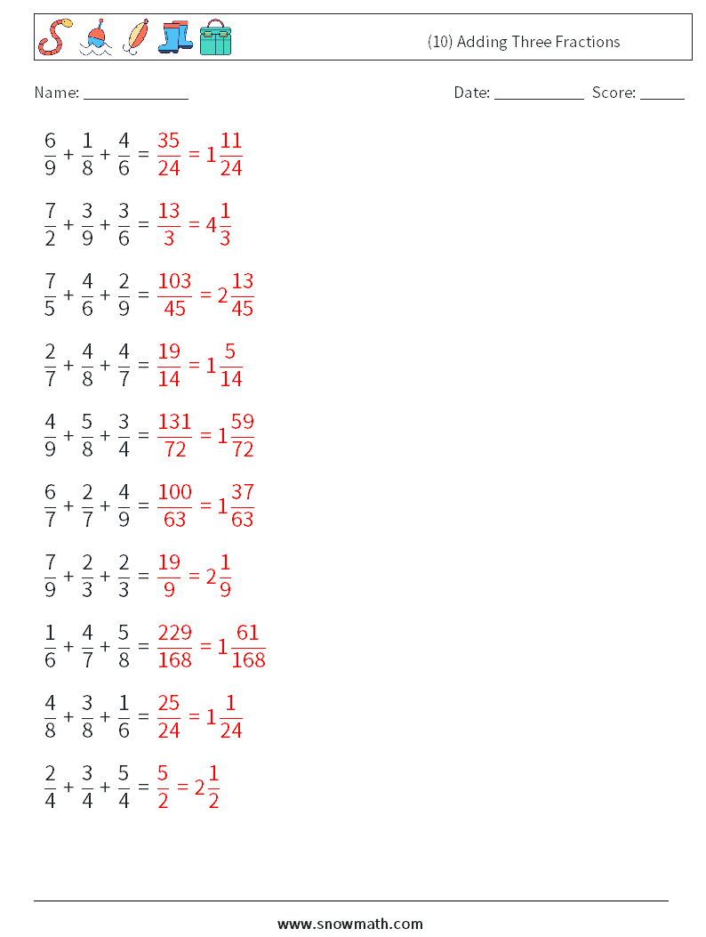 (10) Adding Three Fractions Math Worksheets 11 Question, Answer