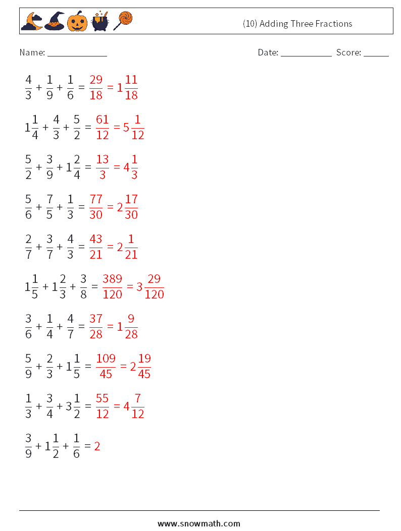 (10) Adding Three Fractions Math Worksheets 12 Question, Answer