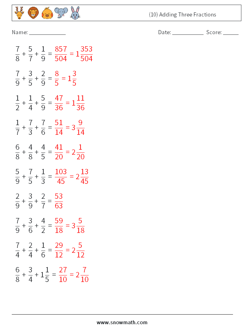 (10) Adding Three Fractions Math Worksheets 13 Question, Answer