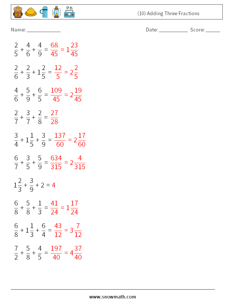 (10) Adding Three Fractions Math Worksheets 14 Question, Answer