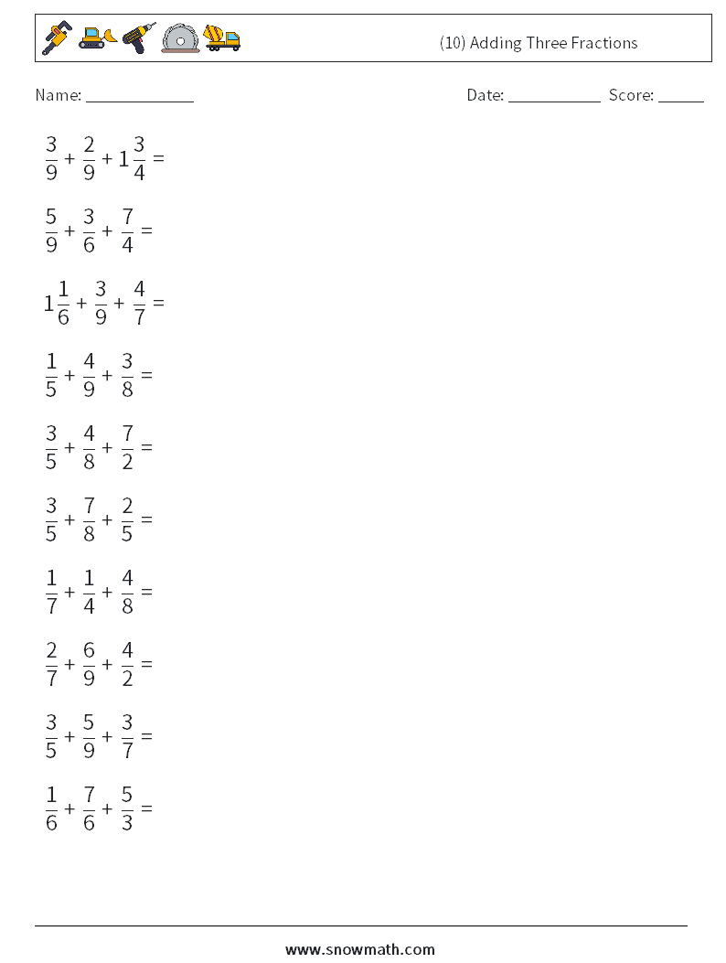 (10) Adding Three Fractions Math Worksheets 15