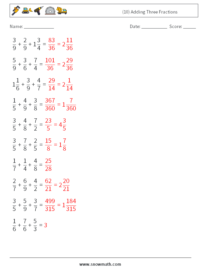 (10) Adding Three Fractions Math Worksheets 15 Question, Answer
