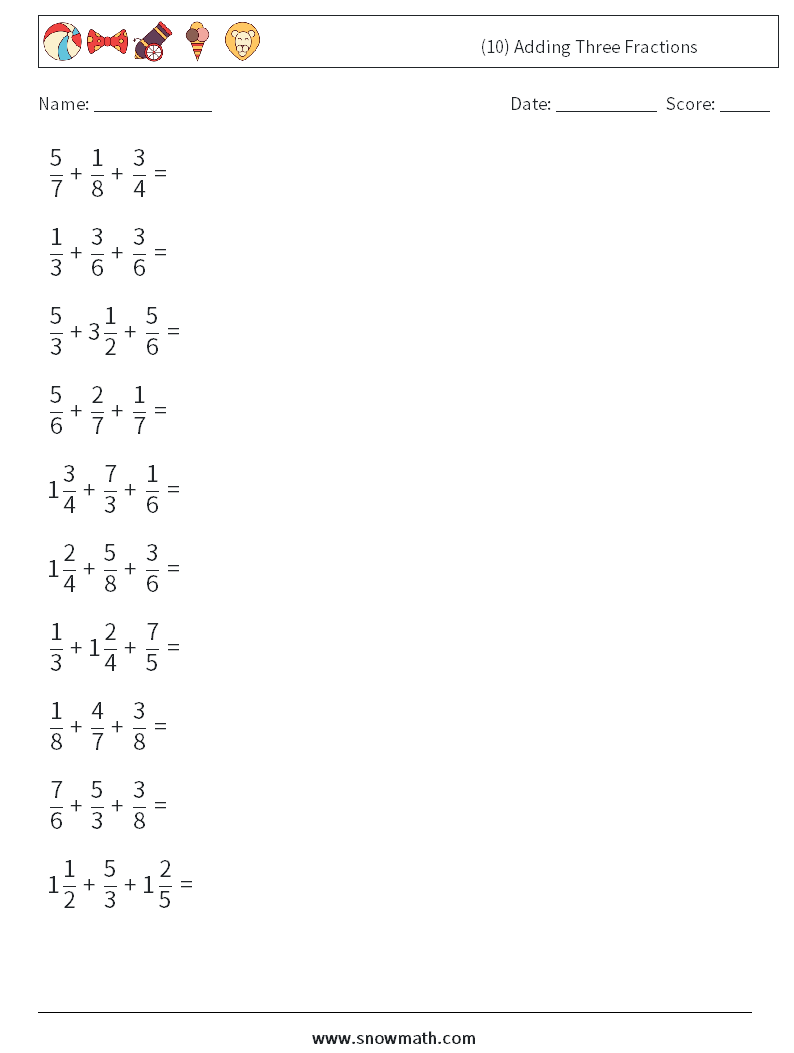 (10) Adding Three Fractions Math Worksheets 16